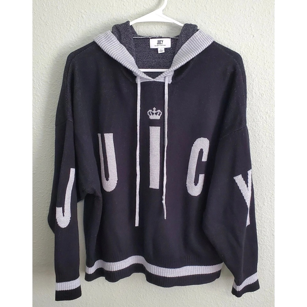 Juicy Couture Sweater Womens L Black & Gray Spellout Logo Hoodedβ Shirt EUC